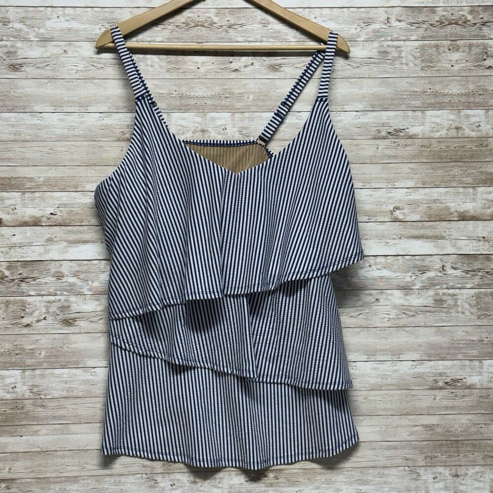 Swim by Cacique Tankini Size 22 Blue White Stripe Tiered Ruffle Lightly Lined